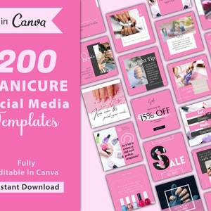 Peut inclure: Une collection de 200 modèles de médias sociaux pour les manucures, entièrement modifiables dans Canva. Les modèles présentent des arrière-plans roses avec diverses images de mains manucurées, de flacons de vernis à ongles et des superpositions de texte. Le texte comprend des phrases comme "Manger, dormir, ongles, répéter", "Conseil éclairé" et "Vente à 40 €".