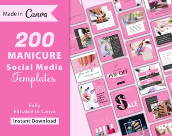 May include: A collection of 200 social media templates for manicures, fully editable in Canva. The templates feature pink backgrounds with various images of manicured hands, nail polish bottles, and text overlays. The text includes phrases like "Eat, Sleep, Nails, Repeat", "Insight Tip", and "Sale for $40".