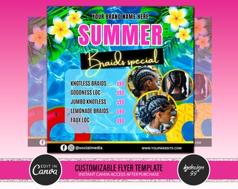 Summer Braids Flyer Template | Customizable Canva Design (Digital Download)