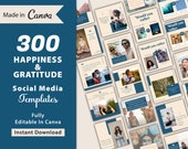 300 Happiness & Gratitude Template For Social Media | Self Care Canva Templates | Instant Download