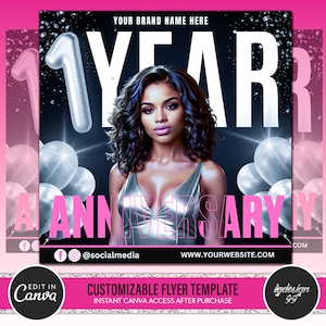 Flyer de aniversário empresarial: modelo para salão de beleza (editável no Canva)