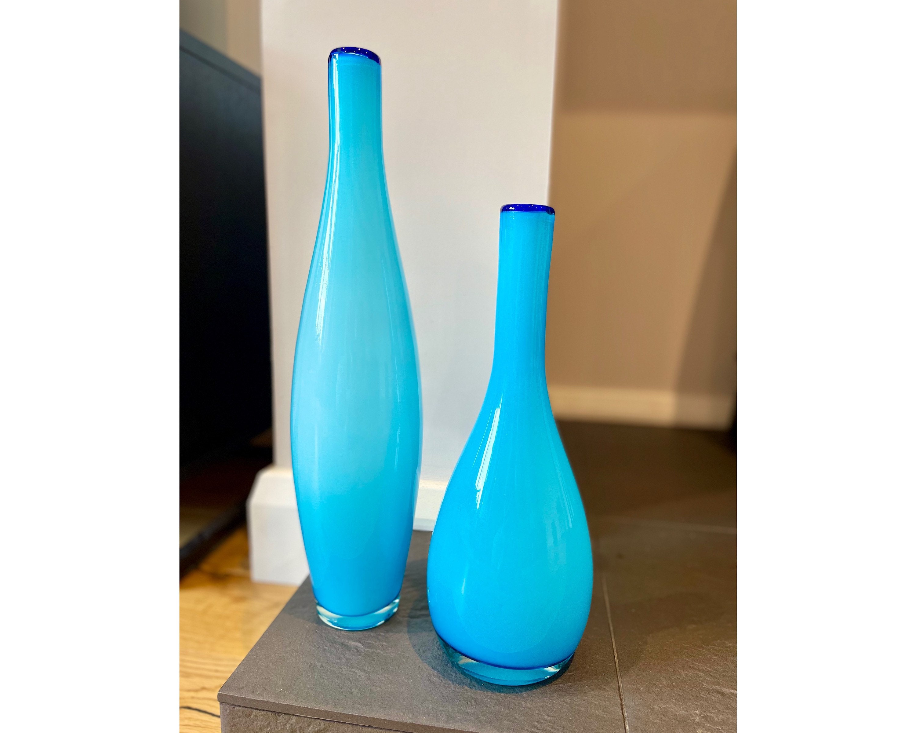 Vintage Sky Blue Blown Glass Vase Duo Etsy