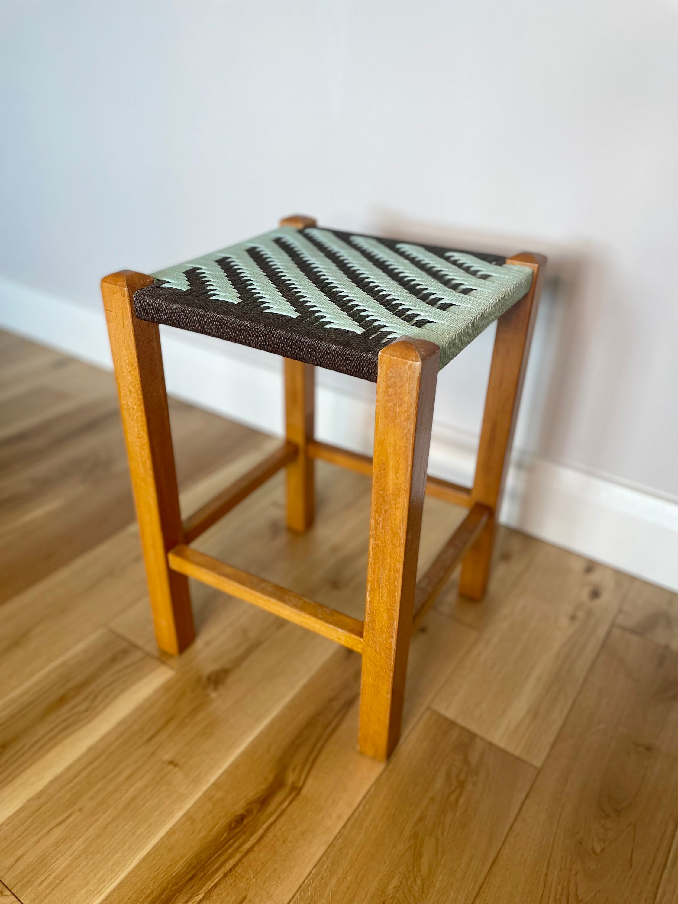 Vintage Wooden Stool with Woven Nylon top Etsy