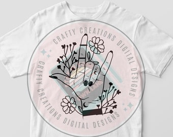 I Love You Hand Sign, ASL Flowers Line Art (Digital Download)