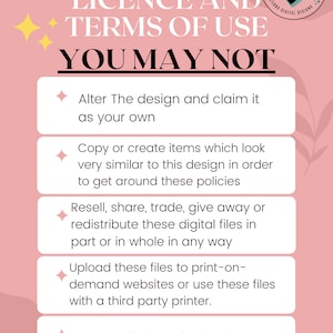 May include: A pink and white graphic with the text "CRAFTYCREATIONSBYSYL" and "LICENCE AND TERMS OF USE" in large white letters. The text "YOU MAY NOT" is in large black letters. A list of five things you may not do with the design is listed below. The graphic includes a small logo with the text "CRAFTY CREATIONS DIGITAL DESIGNS" and a graphic of a car with the text "OWN LANE".