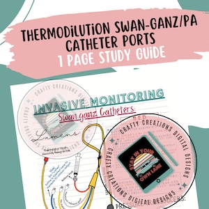 May include: A study guide titled "THERMODILUTION SWAN-GANZ/PA CATHETER PORTS" with illustrations of medical equipment. The guide includes diagrams of catheter ports, lumens, and pressure transducers. The design incorporates a pink and teal color scheme.