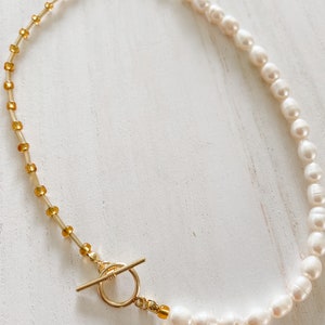 Gold and Pearl Bead Toggle Necklace image 2