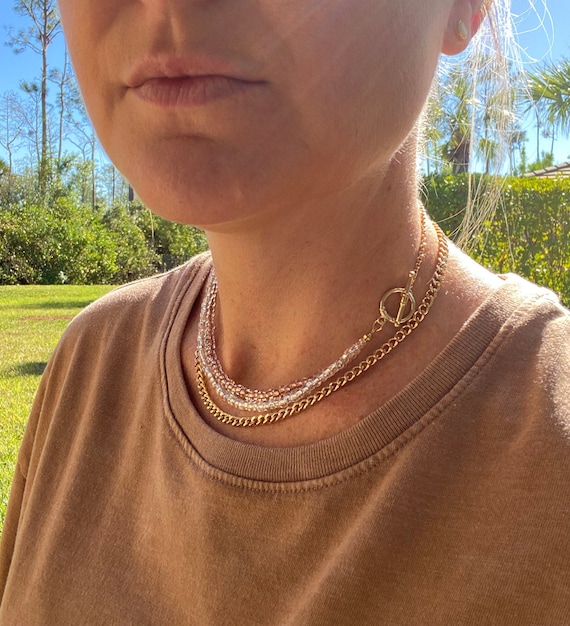 Gold Toggle Clasp Necklace, Bead and Chain Necklace, Gold Necklace