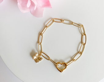 Heart clasp bracelet, Paperclip chain bracelet, Paperclip bracelet, gold chain bracelet