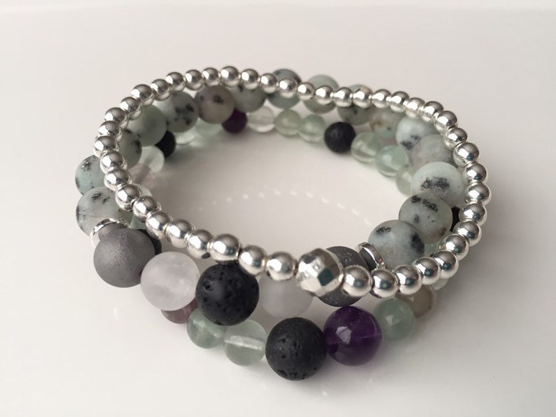 Fluorite Chakra Bracelet Healing Mala Beads Stacking Gemstone Beaded Bracelets Essential Oil Lava /& Hematite Set Gift for Her Jasper