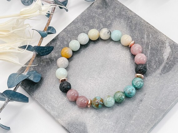 Marketplaceite Bracelet, Natural Chrysocolla, Lava Bead Bracelet, Oil Diffuser Bracelet, Stretch Bracelet in Canada, Yoga Gifts, Jade, Rose Gold