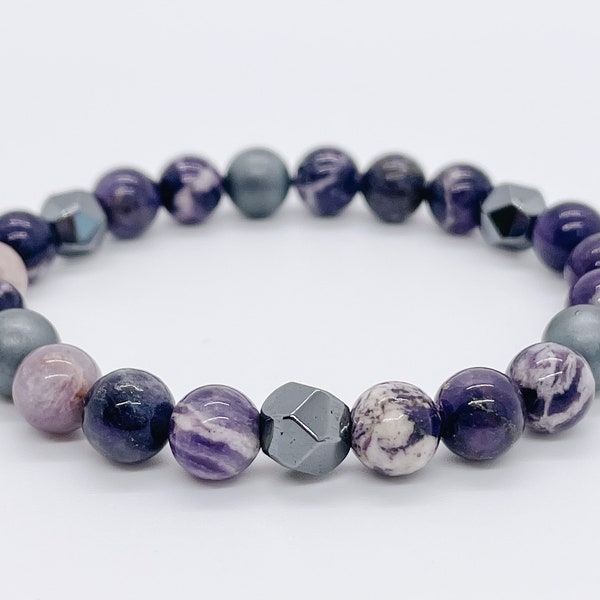 Empath Protection Bracelet, Gemstone Beaded Bracelet, Stretch Bead Bracelet, Sugilite, Hematite, Purple Bracelet, Healing Crystal Bracelet