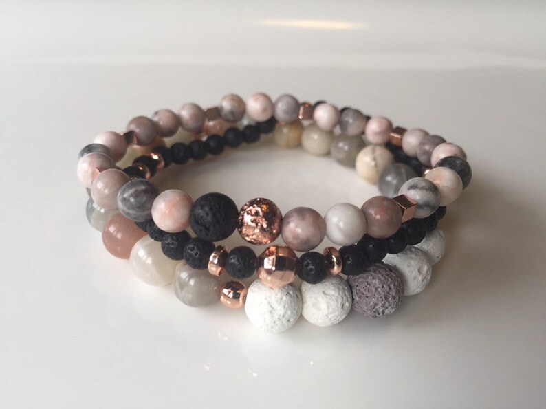 Sunstone Essential Oil Lava Bead Diffuser Pink Zebra Jasper Moonstone /& Rose Gold Hematite Set Stacking Gemstone Beaded Bracelets