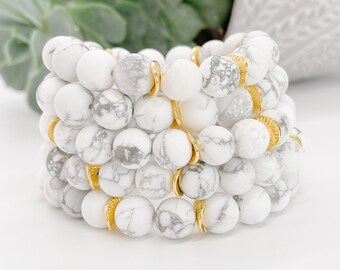 Bracelet en howlite blanc avec perles en or, bracelet extensible en pierres précieuses de 10 mm