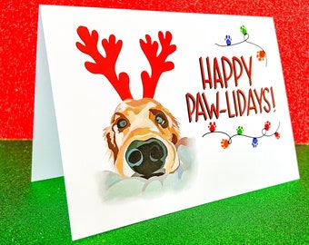 Happy Pawlidays Christmas Card, holiday greeting card, golden retriever card; Puppy Greeting Card