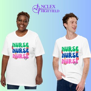 May include: Two white t-shirts with the word "NURSE" repeated three times in different colors and styles. Each word is accompanied by a small graphic of a medical symbol, such as a stethoscope, heart, or lungs.
