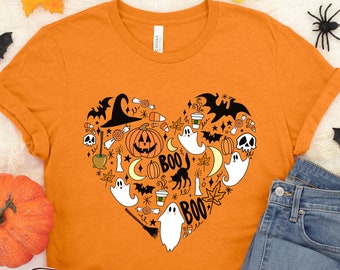 Halloween Doodles Shirt , Halloween Shirt, Cute Halloween Theme Shirt, Happy Halloween Shirt, Happy Halloween Heart Shirt , Halloween Heart