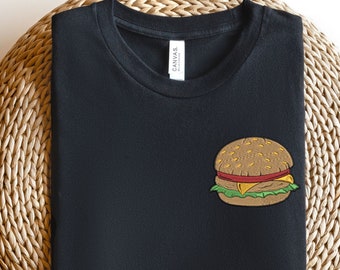 Chemise brodée pour hamburgers, sweat-shirt brodé pour hamburgers, chemise brodée pour fast-foods, hamburger et frites, t-shirt hamburger, format de poche pour hamburger