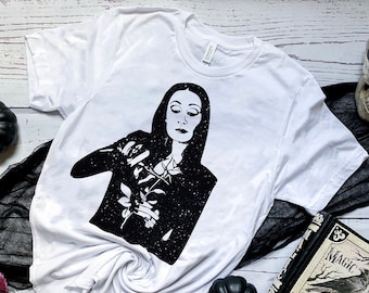 Morticia Addams Family, Think Like Lily, Work It Like Elvira, Love Like The Bride, Dance Like Morticia, Horror Goth Queens Shirt