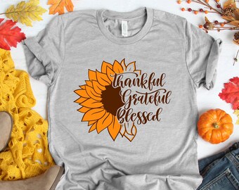 Sunflower Thankful Shirt, Love Fall, Leopard Print Fall Shirt, Thankful Grateful Blessed Shirt, Hello Pumpkin, Fall Vibes, Peace Love