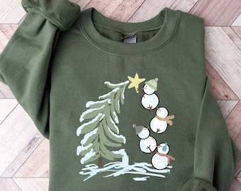 Snowman Stacking Christmas Tree Shirt, Cute Holiday Tee, Christmas Art Design Shirt, Snowman Shirt, Gift for Christmas, Winter Lover Shirt