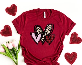 3 Doodle Heart Valentines Shirt, Leopard Heart Shirt, Cute Valentines Day Shirt, Leopard Shirt, Cute Heart Shirt Unisex, Valentines shirt