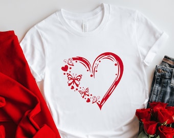 Camisa de corazón de San Valentín con mariposa, camisa de amor, camisa de día de San Valentín, camisa de corazón, camisa de San Valentín linda, San Valentín lindo, regalo del día de San Valentín
