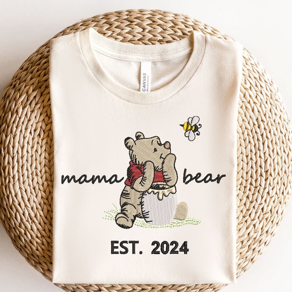 Embroidered Mama Pooh Bear Shirt, Embroidered Winnie The Pooh Mama Shirt, Mom Established Shirt, Mama Shirt, Mama Bear Shirt, Mom Tee