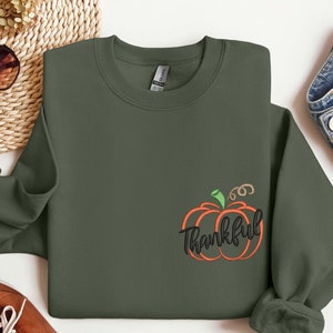 Embroidered Thankful Pumpkin, Embroidered Thankful Sweatshirt, Fall Shirt, Hello Pumpkin, Autumn Tee, Happy Fall Y&#39;all, Thanksgiving Pumpkin