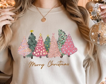 Pink Tree Christmas Sweater, Christmas Sweater, Christmas Crewneck, Christmas Tree Sweatshirt, Holiday Sweaters for Women, Winter Sweatshirt