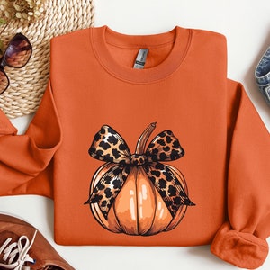 May include: Orange sweatshirt with a pumpkin design. The pumpkin has a brown stem and a leopard print bow.