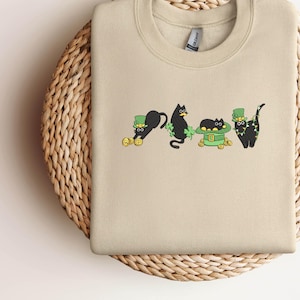 Embroidered Irish Lucky Cats Sweatshirt, Embroidery St Paddys Day Cat Lover Shirt, Lucky Irish Sweater, Cat Shamrocks T-Shirt, Irish Cat Mom