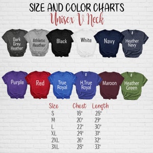 May include: A chart displaying the size and color options for unisex V-neck t-shirts. Colors include dark grey heather, athletic heather, black, white, navy, heather navy, purple, red, true royal, H. true royal, maroon, and heather green. Size chart with chest and length measurements.