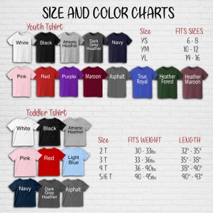 May include: Size and color charts for youth and toddler t-shirts. The chart displays various colors, sizes, and fit information. Colors include white, black, pink, red, purple, maroon, asphalt, true royal, heather forest, and heather maroon.