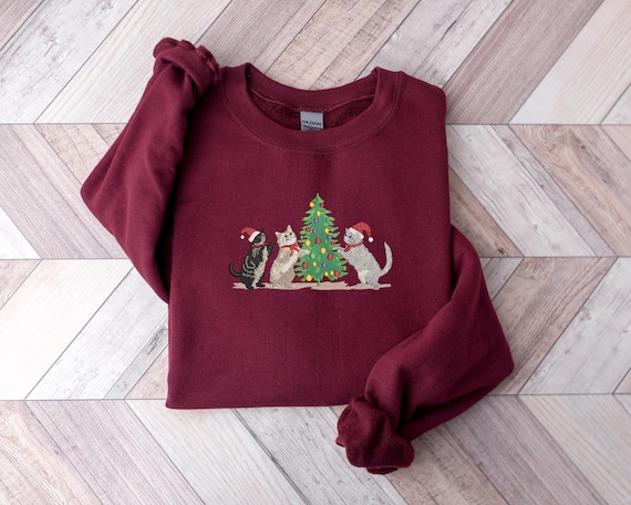 Embroidered Cat Christmas Sweatshirt, Embroidered Tis The Season, Cat Coquette Tee, Merry Christmas, Merry And Bright,Winter Hoodie,Cat Play