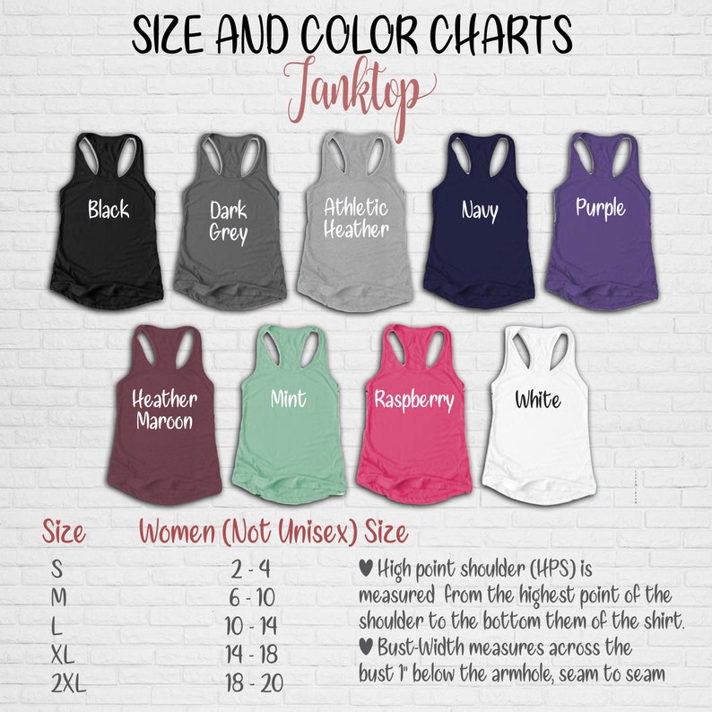 May include: Size and color chart for tank tops in various colors, including black, dark grey, athletic heather, navy, purple, heather maroon, mint, raspberry, and white. The chart includes size measurements in inches for sizes S, M, L, XL, and 2XL.