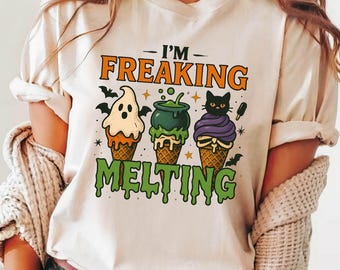 Funny Halloween Shirt: Melting Ice Cream, Ghost Cat, Witch Cauldron