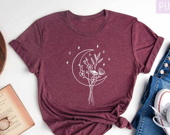 Camiseta con flores de luna, camiseta con luna, camiseta con cielo nocturno, camiseta con flores silvestres de luna, camiseta con flores, camiseta con luna y flores, camiseta con flores silvestres, amante de la naturaleza