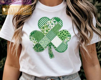 Camisa de trébol con patchwork, camiseta del Día de San Patricio, bonito atuendo bohemio irlandés de primavera, camisa de la suerte para las fiestas, camisa irlandesa con trébol, regalo para irlandeses