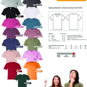 May include: A unisex colour chart for clothing with a variety of colours, including heather raspberry, heather peach, and forest green. The chart also includes a measurement specification report with chest to fit measurements in inches and body length from hips measurements in inches.