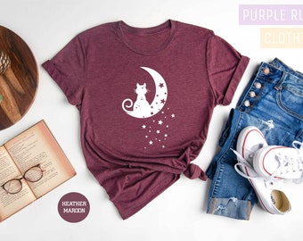 Cat Mom T-Shirt: Halloween Moon & Stars Graphic Tee