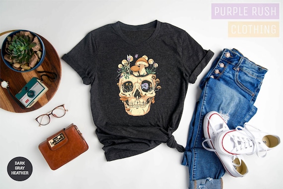 Mushroom Shirt,Skull Shirt,Skeleton Shirt,Mushroom Tshirt,Botanical Shirt,Cottagecore Shirt,Magic Mushroom,Skeleton Crewneck,Gardening Shirt