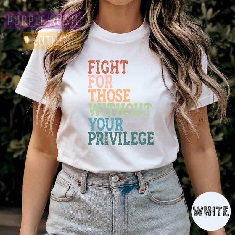 a woman wearing a white t - shirt with the words fight for those without your