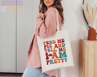 Bolsa de mano "Feed Me Pie" para Acción de Gracias: bolsa de compras de lona de algodón resistente