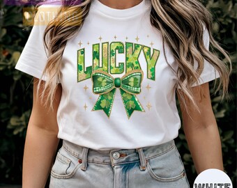 Camisa con lazo de la suerte, camisa del Día de San Patricio, camisa de trébol verde, camisa irlandesa linda para niña, camisa de trébol del Día de San Patricio, camisa irlandesa verde con gráfico