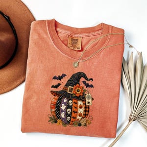 May include: A terracotta-colored t-shirt featuring a graphic of a pumpkin wearing a black witch hat. The pumpkin is decorated with patterns of ghosts, skulls, and jack-o'-lanterns. Bats fly around the hat, and a small tag with a spider web hangs from the brim. The shirt has a Comfort Colors brand label.