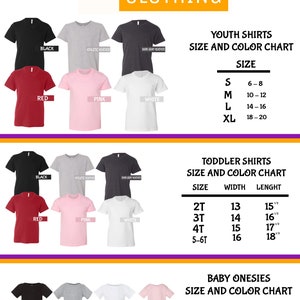 May include: Size chart for youth, toddler, and baby onesies. The chart shows sizes, colours, and measurements for each garment. The chart is divided into three sections: youth shirts, toddler shirts, and baby onesies. Each section has a table with the size, colour, and measurements for each garment.
