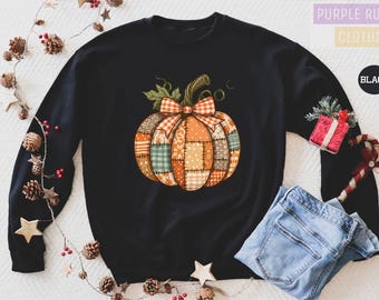 Thanksgiving Pumpkin Sweatshirt, Patchwork Pumpkin With Bow Hoodie, Rustic Plaid Fall Pumpkin Sweater, Pumpkin Shirt, Fall Pumpkin Hoodie