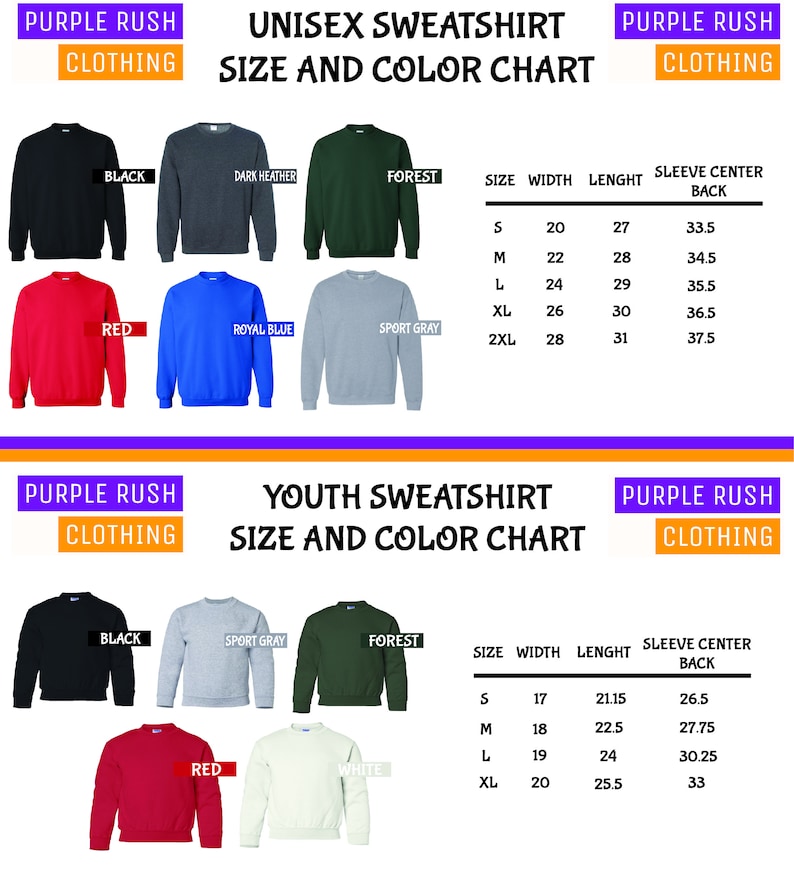 K&ouml;nnte beinhalten: Gr&ouml;&szlig;entabelle f&uuml;r Unisex- und Jugend-Sweatshirts in verschiedenen Farben, darunter Schwarz, Rot, Waldgr&uuml;n, Sportgrau, Wei&szlig;, Dunkelgrau meliert und Royalblau. Die Tabelle zeigt die Breite, L&auml;nge und die &Auml;rmelmitte R&uuml;ckenma&szlig;e f&uuml;r jede Gr&ouml;&szlig;e.