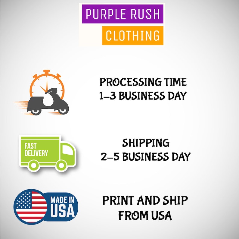 K&ouml;nnte beinhalten: Purple Rush Clothing Logo mit einem Grafikbild eines Lieferwagens und einer Stoppuhr. Der Text "Verarbeitungszeit 1-3 Werktage", "Versand 2-5 Werktage", "Hergestellt in den USA" und "Drucken und versenden aus den USA" ist ebenfalls enthalten.
